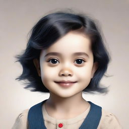 Generate an image of a 4-5 year old girl with a round, corn-coloured face, dark blue eyes with navy blue flecks, short wavy black hair, a small nose, and a mole above her left eyebrow