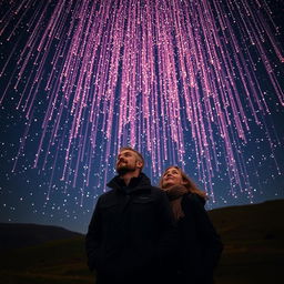 A mesmerizing night sky filled with a vibrant shower of stars cascading down, illuminating the scene with a magical glow