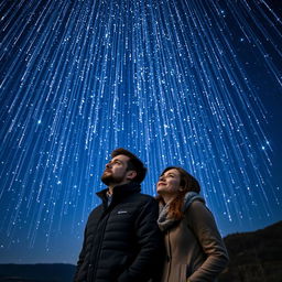 A mesmerizing night sky filled with a vibrant shower of stars cascading down, illuminating the scene with a magical glow