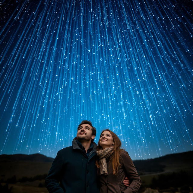 A mesmerizing night sky filled with a vibrant shower of stars cascading down, illuminating the scene with a magical glow