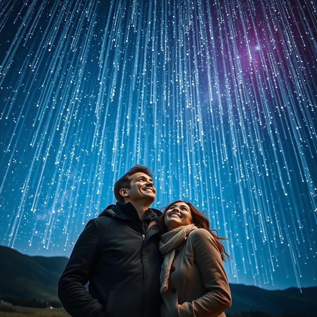 A mesmerizing night sky filled with a vibrant shower of stars cascading down, illuminating the scene with a magical glow