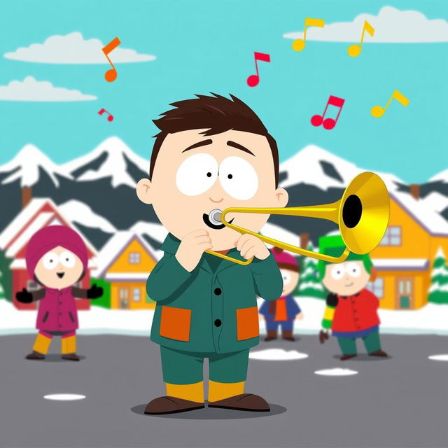 A cartoon character inspired by South Park, energetically playing a trombone while depicting a lively and humorous scene