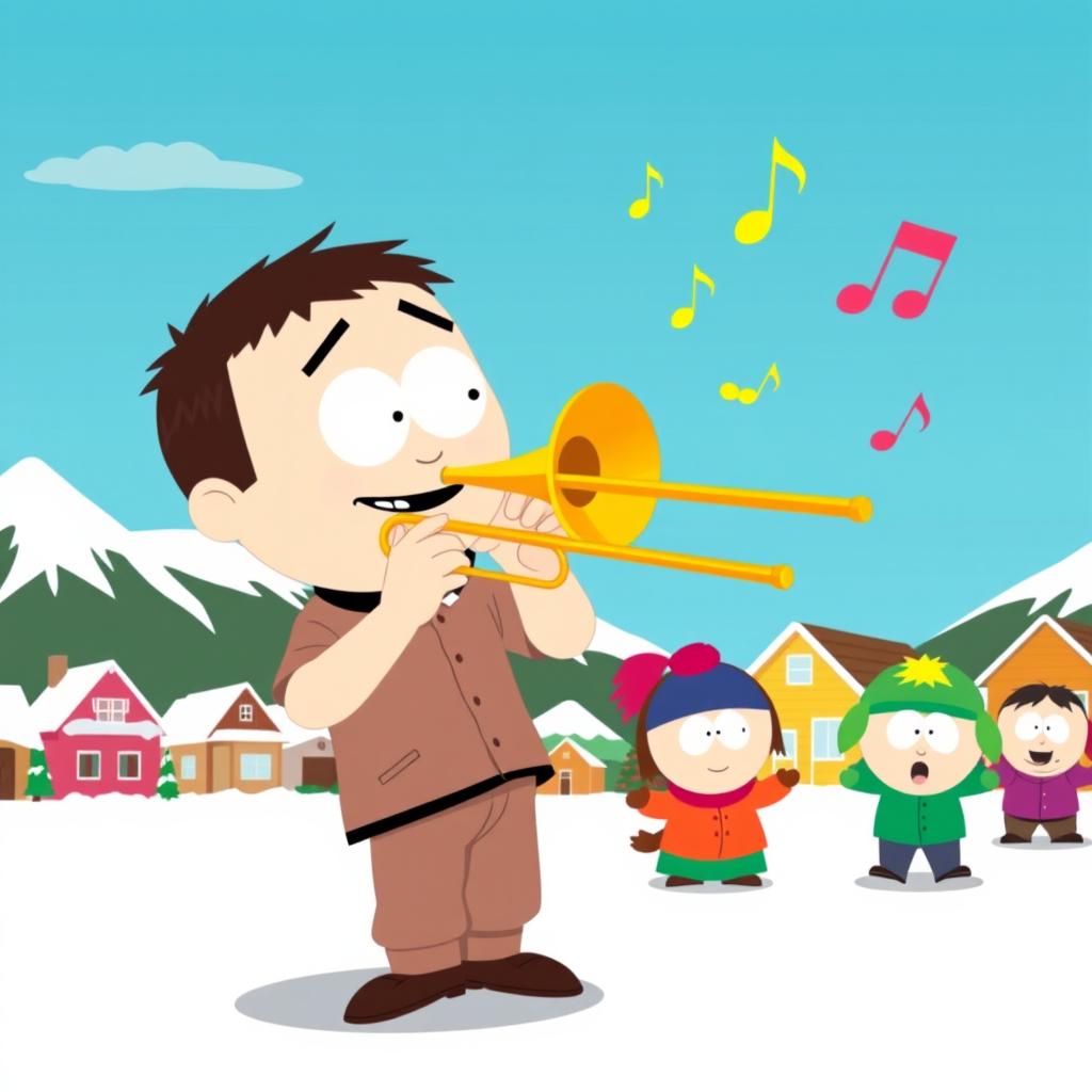 A cartoon character inspired by South Park, energetically playing a trombone while depicting a lively and humorous scene