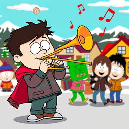 A cartoon character inspired by South Park, energetically playing a trombone while depicting a lively and humorous scene