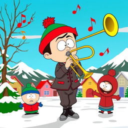 A cartoon character inspired by South Park, energetically playing a trombone while depicting a lively and humorous scene