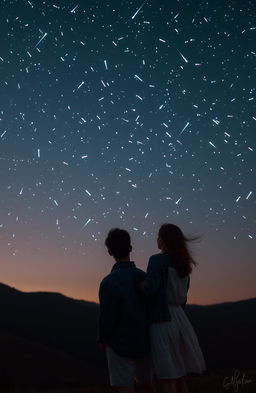 A serene night sky filled with a dazzling shower of stars, with a man standing next to a woman