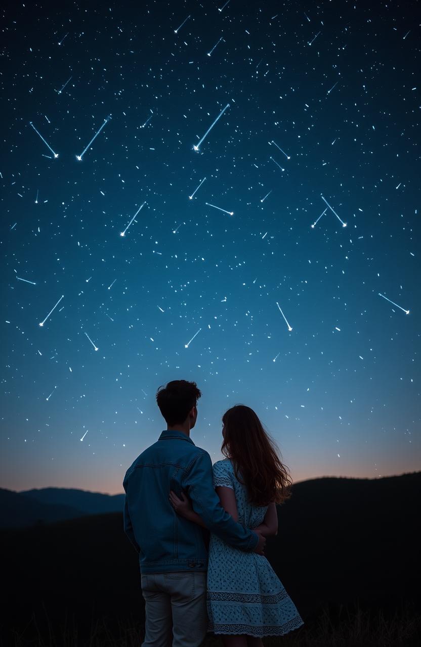 A serene night sky filled with a dazzling shower of stars, with a man standing next to a woman