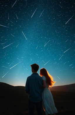 A serene night sky filled with a dazzling shower of stars, with a man standing next to a woman