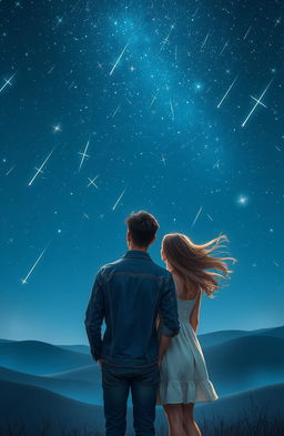A serene night sky filled with a dazzling shower of stars, with a man standing next to a woman