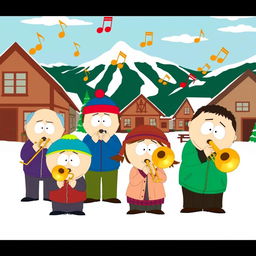 A group of cartoon characters inspired by South Park, each enthusiastically playing different trombones