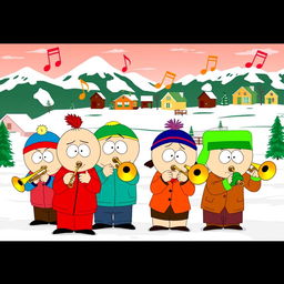 A group of cartoon characters inspired by South Park, each enthusiastically playing different trombones