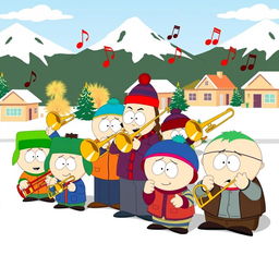 A group of cartoon characters inspired by South Park, each enthusiastically playing different trombones