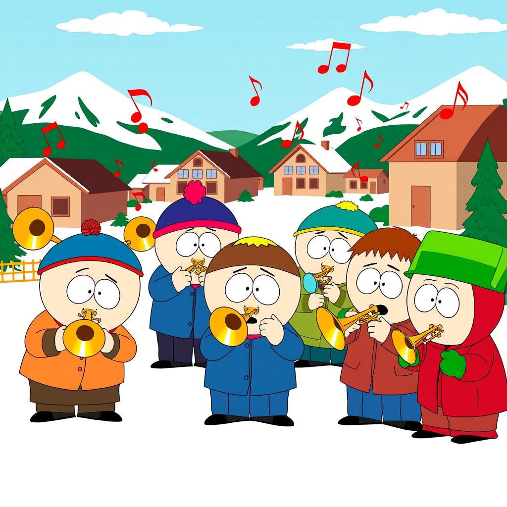 A group of cartoon characters inspired by South Park, each enthusiastically playing different trombones