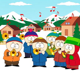 A group of cartoon characters inspired by South Park, each enthusiastically playing different trombones