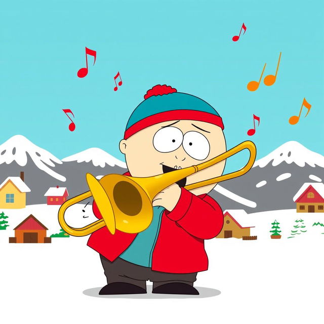 A cartoon scene featuring Eric Cartman from South Park, passionately playing a trombone