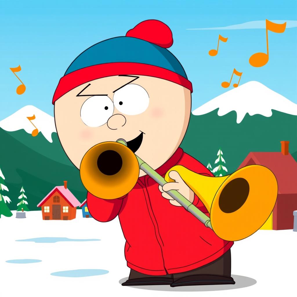 A cartoon scene featuring Eric Cartman from South Park, passionately playing a trombone