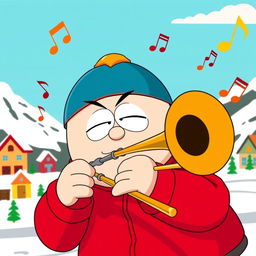 A cartoon scene featuring Eric Cartman from South Park, passionately playing a trombone