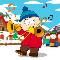A humorous cartoon scene featuring Eric Cartman from South Park, energetically playing a trombone