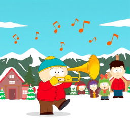A humorous cartoon scene featuring Eric Cartman from South Park, energetically playing a trombone