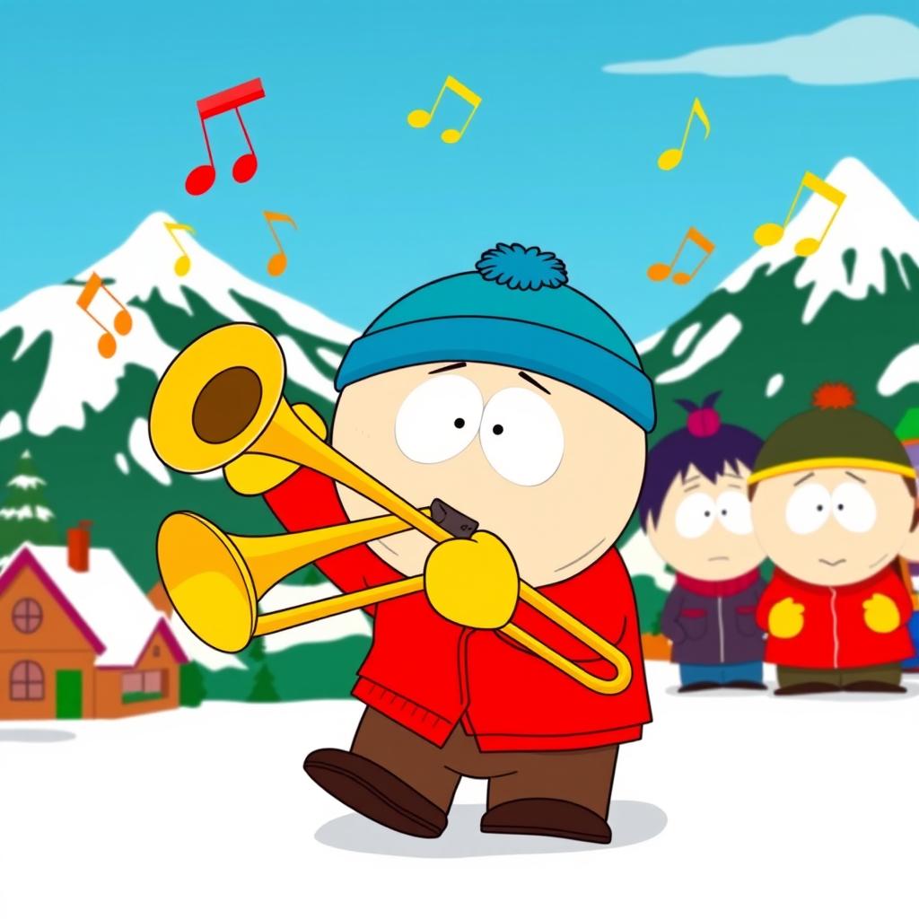 A humorous cartoon scene featuring Eric Cartman from South Park, energetically playing a trombone