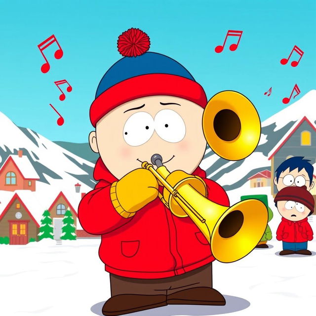 A humorous cartoon scene featuring Eric Cartman from South Park, energetically playing a trombone