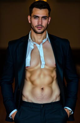 An attractive man in a tailored suit with an open shirt, revealing a well-defined and toned abdomen