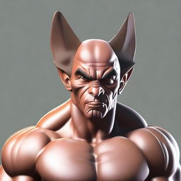 Create an image of a man with a muscular physique, a disproportionately small head, greatly oversized ears, and rich brown eyes