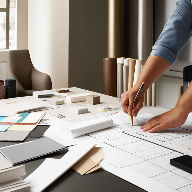 A professional interior designer at work, brainstorming ideas on blueprints and material samples spread out on a sleek, modern office desk, with well-designed, stylish furniture in the background.