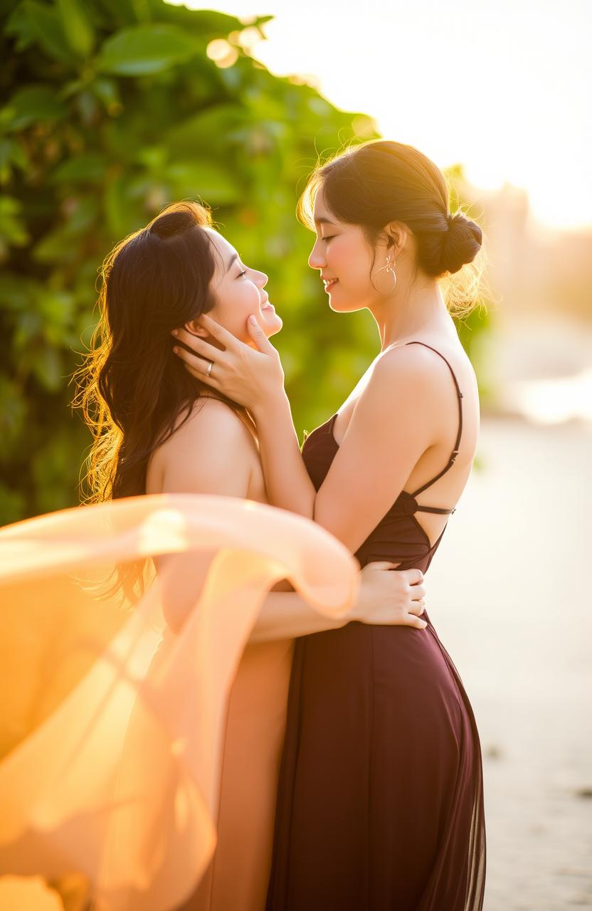 A romantic scene featuring a couple in an intimate pose, surrounded by a softly lit atmosphere