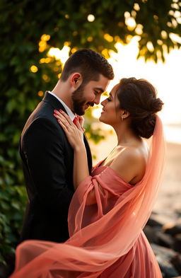 A romantic scene featuring a couple in an intimate pose, surrounded by a softly lit atmosphere