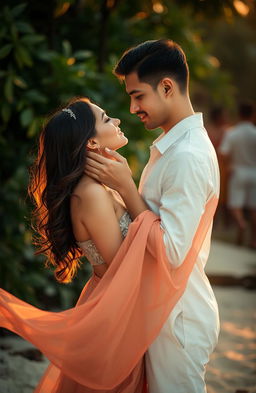 A romantic scene featuring a couple in an intimate pose, surrounded by a softly lit atmosphere