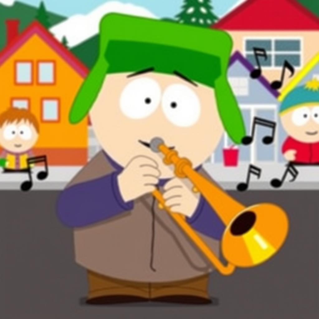 A humorous cartoon scene featuring Kyle from South Park playing a trombone in a playful, exaggerated manner