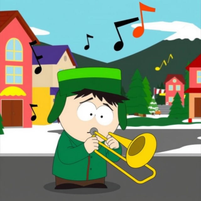 A humorous cartoon scene featuring Kyle from South Park playing a trombone in a playful, exaggerated manner