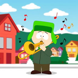 A humorous cartoon scene featuring Kyle from South Park playing a trombone in a playful, exaggerated manner