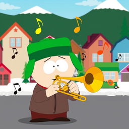 A humorous cartoon scene featuring Kyle from South Park playing a trombone in a playful, exaggerated manner
