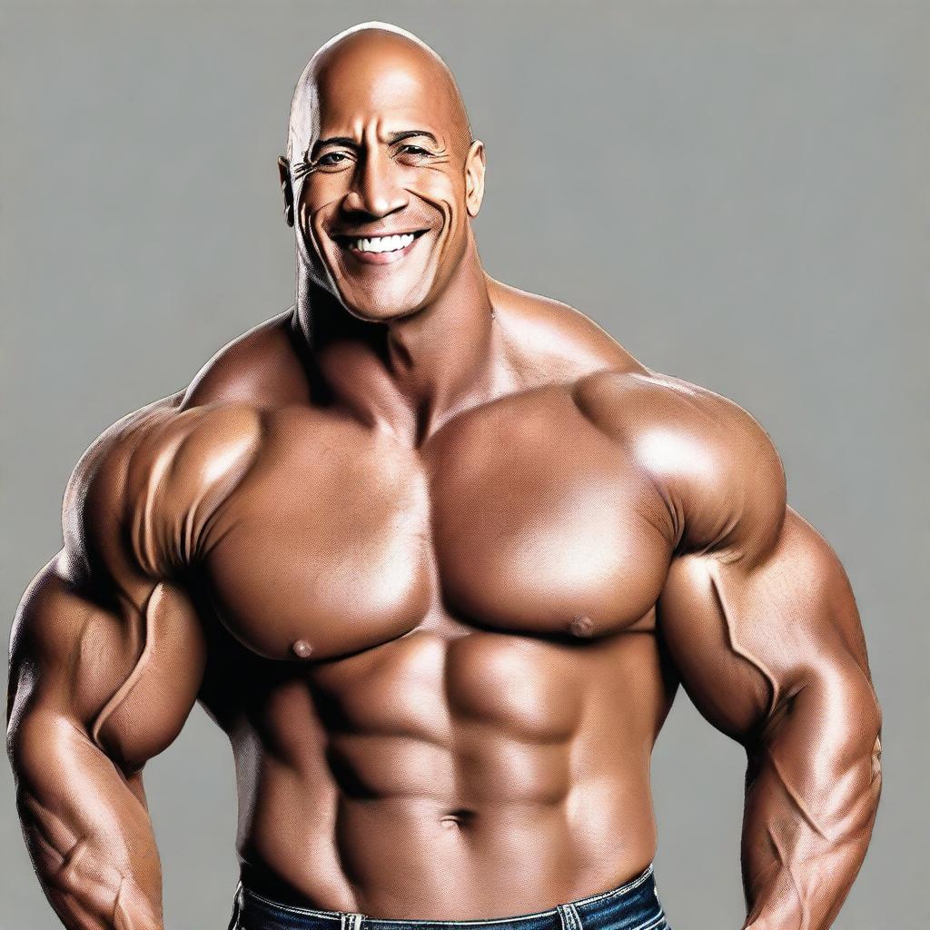 Generate an image of Dwayne 'The Rock' Johnson, with his iconic muscle-filled physique and charismatic smile.