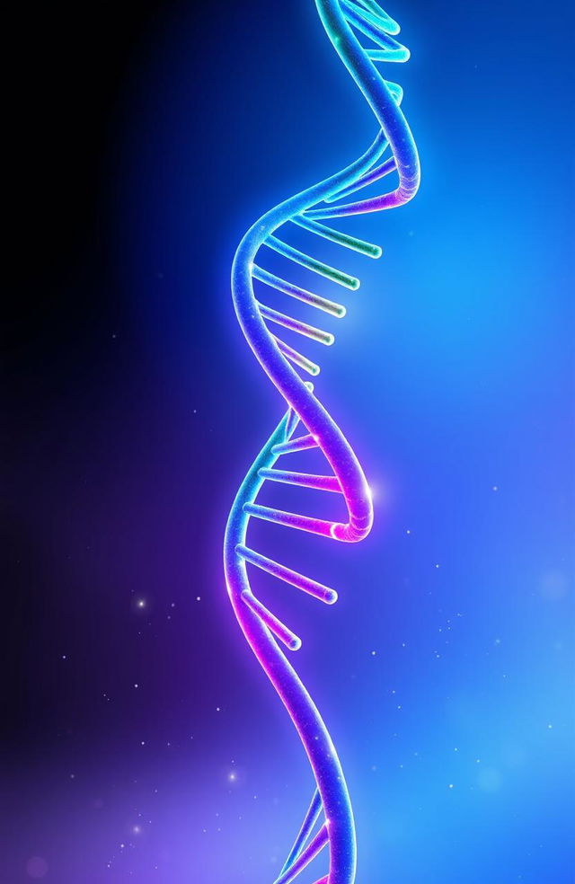 An artistic representation of a vibrant, intricate DNA helix structure, elegantly twisting and spiraling upwards, with luminous colors such as blue, green, and purple