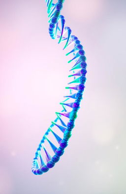 An artistic representation of a vibrant, intricate DNA helix structure, elegantly twisting and spiraling upwards, with luminous colors such as blue, green, and purple