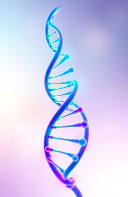 An artistic representation of a vibrant, intricate DNA helix structure, elegantly twisting and spiraling upwards, with luminous colors such as blue, green, and purple