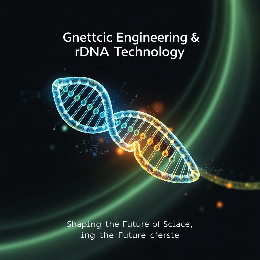 A cover page design featuring a striking and dynamic representation of a DNA helix intertwined with gene editing graphics, symbolizing the cutting-edge advancements in genetic engineering and rDNA technology