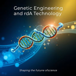 A cover page design featuring a striking and dynamic representation of a DNA helix intertwined with gene editing graphics, symbolizing the cutting-edge advancements in genetic engineering and rDNA technology