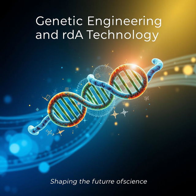 A cover page design featuring a striking and dynamic representation of a DNA helix intertwined with gene editing graphics, symbolizing the cutting-edge advancements in genetic engineering and rDNA technology