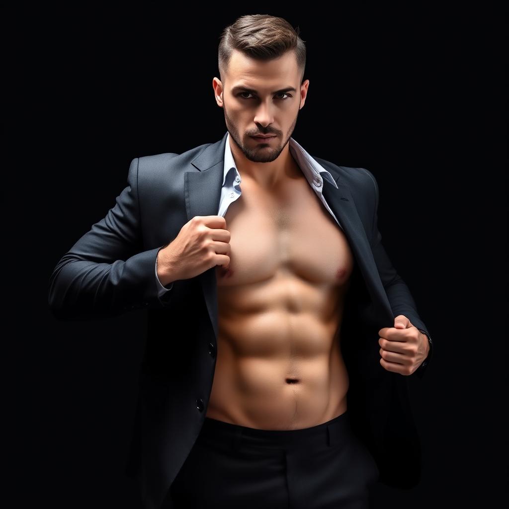 A full-sized image of a seductive man in a tailored suit, confidently posing with his shirt open to reveal a firm, sculpted abdomen