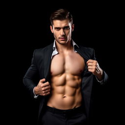 A full-sized image of a seductive man in a tailored suit, confidently posing with his shirt open to reveal a firm, sculpted abdomen