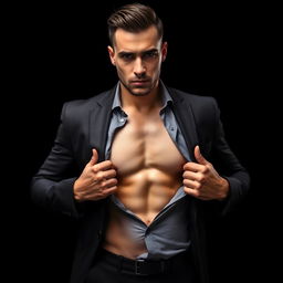 A full-sized image of a seductive man in a tailored suit, confidently posing with his shirt open to reveal a firm, sculpted abdomen