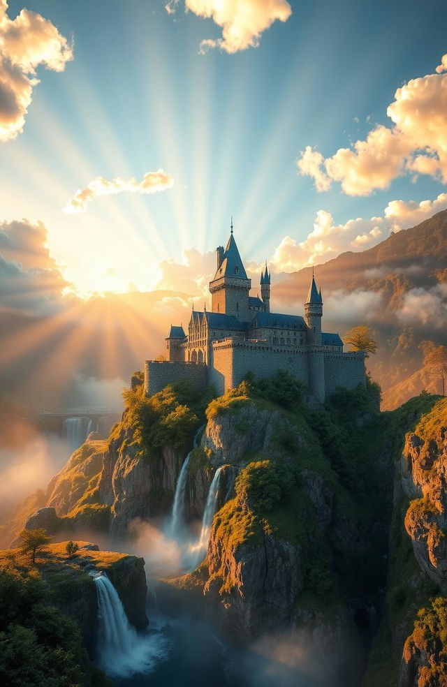 A breathtaking landscape showcasing the 'Legacy of Light', with ethereal rays of sunlight breaking through the clouds, illuminating a majestic castle perched on a cliff