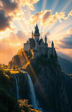 A breathtaking landscape showcasing the 'Legacy of Light', with ethereal rays of sunlight breaking through the clouds, illuminating a majestic castle perched on a cliff