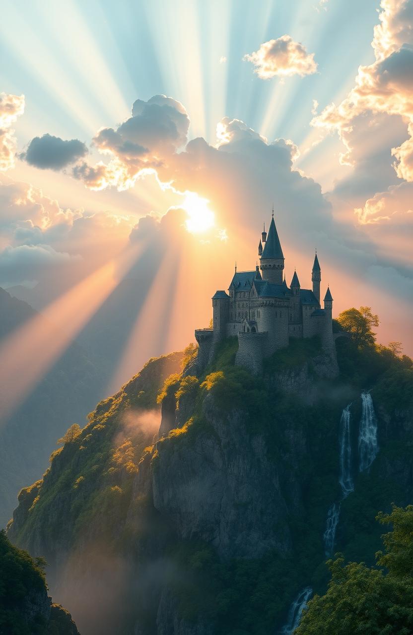 A breathtaking landscape showcasing the 'Legacy of Light', with ethereal rays of sunlight breaking through the clouds, illuminating a majestic castle perched on a cliff