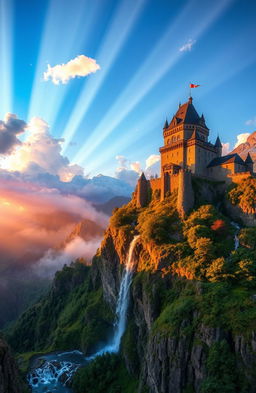 A breathtaking landscape showcasing the 'Legacy of Light', with ethereal rays of sunlight breaking through the clouds, illuminating a majestic castle perched on a cliff