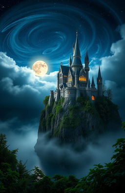 A majestic fantasy castle set atop a high cliff surrounded by swirling fog and a starry night sky